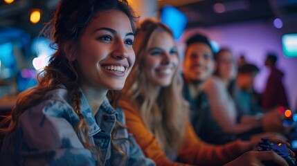 Obraz na płótnie Canvas A happy audience sits watching a movie in a cinema theater