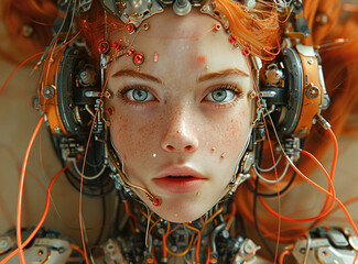 Close-up of a futuristic female android with intricate wiring and mechanical parts integrated with human-like features, highlighting a blend of technology and beauty.