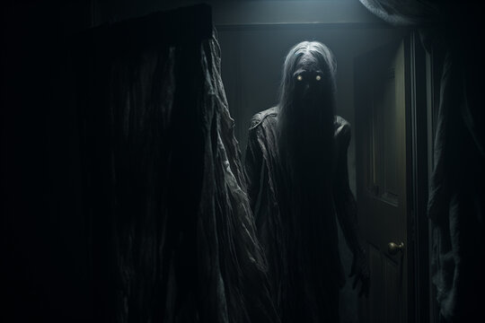Creepy ghost in dark haunted house.