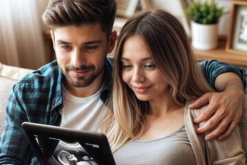 young couple viewing ultrasound image of their baby on a tablet - obrazy, fototapety, plakaty