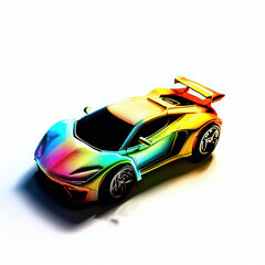  a classic sport car with bright colors on a white background. shiny automobile with rainbow colors. 3d illustration made with generative AI technology
