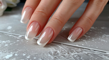"Classic French Manicure"
A close-up of a hand presenting a flawless French manicure, with a natural pink base and white tips, symbolizing timeless elegance and simplicity.