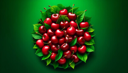 Abundant Fresh Cherries with Lush Green Leaves on Vivid Background - Perfectly Ripe and Juicy