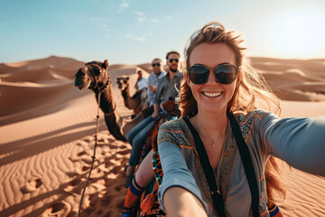 Happy woman tourist, close up portrait, having fun enjoying group camel ride tour in Morocco  - obrazy, fototapety, plakaty
