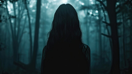 Terrifying female ghost with black hair in a dark forest. silhouette concept 