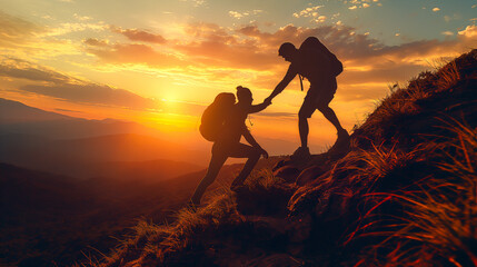 People helping each other hike up a mountain at sunrise. Giving a helping hand,
