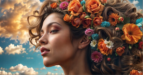Woman with flowers hair, mother earth concept