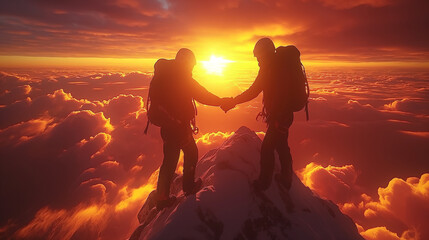 Concept of solidarity, with two mountaineers holding out their hand reaching the top of a mountain