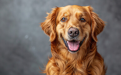 Portrait of a happy golden retriever dog with a shiny coat, smiling at the camera against a blurred grey background. Perfect for pet-related content.