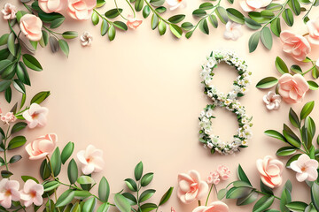 Illustration of number 8 and floral decoration for background and banner for 8th march women's day with copy space - obrazy, fototapety, plakaty