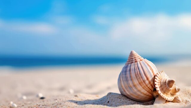 A large shell is laying on the sand on a beach