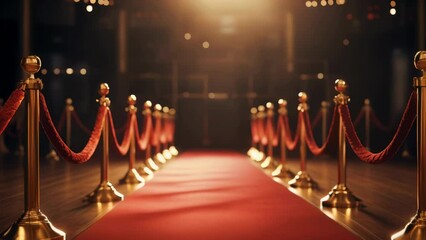 A red carpet with gold posts and a spotlight on it