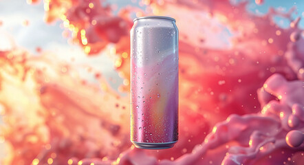 Blank aluminum soda can with water droplets, floating amidst a vibrant splash of liquid against a warm, bokeh-lit background, conveying a sense of refreshing coolness.