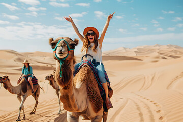 Happy woman tourist, close up portrait, having fun enjoying group camel ride tour in Morocco 
