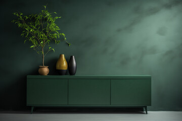 Green cabinet in modern living room with plants on green wall background.
