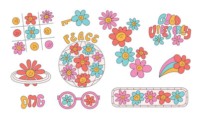 Groovy cartoon hippie illustrations. Hippie 60s, 70s style flowers, daisy, glasses, cosmic, tic tac toe