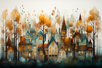 Beautiful watercolor painting of colorful fairy-tale houses among forest. - obrazy, fototapety, plakaty