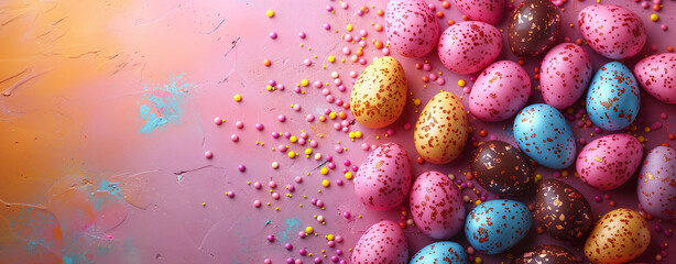 Colorful speckled Easter eggs arranged on a textured pink background with scattered candy sprinkles, creating a festive holiday backdrop.