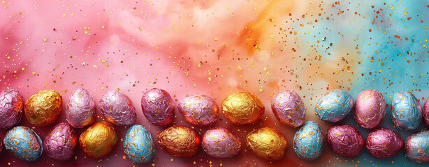 Colorful Easter eggs wrapped in foil on a vibrant, pastel background with golden glitter. Festive...