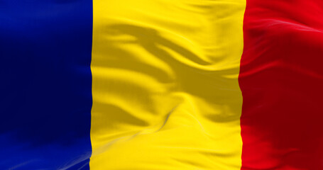Close-up of Romania national flag waving in the wind