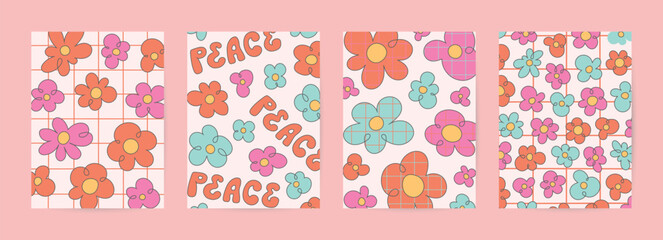 Groovy cartoon hippie card templates. Retro poster with psychedelic flowers