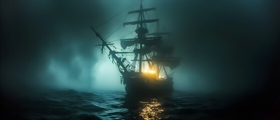 Enigmatic Depths: Final Voyage of a Ghostly Galleon. Concept Mysterious Shipwreck, Haunting Oceanic Exploration, Ghostly Pirates, Deep Sea Secrets, Eerie Nautical Tale