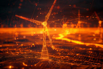 Fototapeta premium Immerse yourself in the world of renewable energy with a captivating wireframe visualization against a glowing translucent background, showcasing a majestic wind turbine in motion