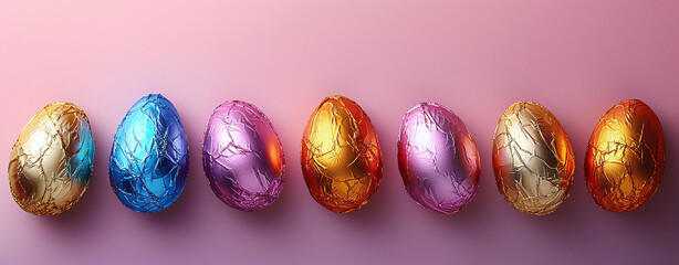 Colorful foil-wrapped chocolate Easter eggs aligned in a row on a pastel pink background with copy space, symbolizing Easter celebrations and holiday treats. - Powered by Adobe