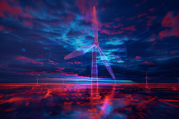 Immerse yourself in the world of renewable energy with a captivating wireframe visualization against a glowing translucent background, showcasing a majestic wind turbine in motion