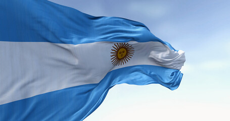 Close-up of Argentina national flag waving on a clear day