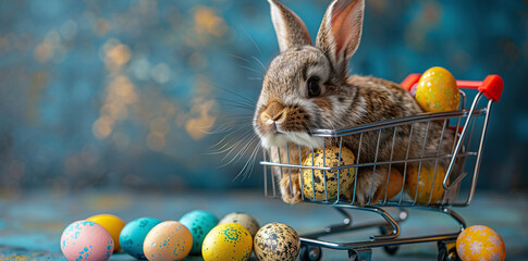 A cute bunny sitting in a miniature shopping cart filled with colorful Easter eggs, with more eggs scattered in the foreground, against a blue textured background. - Powered by Adobe