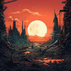 Space background, World collapse, Doomsday Scene Concept Illustration. Video Game's Digital CG Artwork, Concept Illustration with Ruins. Destroyed City against the Backdrop of Sunset. Huge Yellow Sun