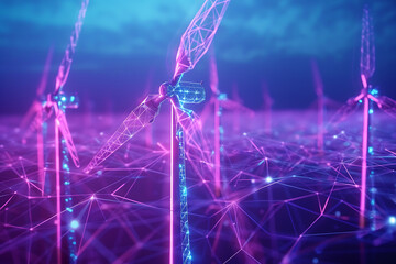 Immerse yourself in the world of renewable energy with a captivating wireframe visualization against a glowing translucent background, showcasing a majestic wind turbine in motion - obrazy, fototapety, plakaty