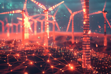 Fototapeta premium Immerse yourself in the world of renewable energy with a captivating wireframe visualization against a glowing translucent background, showcasing a majestic wind turbine in motion