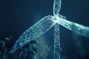 Immerse yourself in the world of renewable energy with a captivating wireframe visualization against a glowing translucent background, showcasing a majestic wind turbine in motion - obrazy, fototapety, plakaty