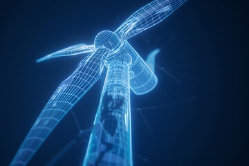 Immerse yourself in the world of renewable energy with a captivating wireframe visualization against a glowing translucent background, showcasing a majestic wind turbine in motion