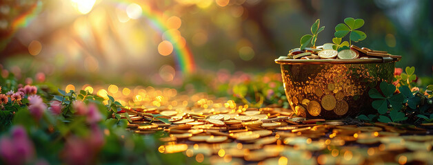 Enchanting scene of a pot of gold coins and clovers surrounded by scattered coins on a forest floor, with magical sunlight filtering through the trees.