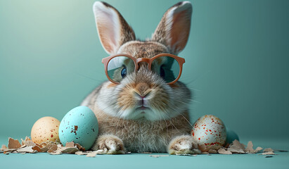 A cute rabbit with glasses sitting behind colorful Easter eggs on a turquoise background, with a...