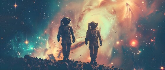 Astronaut Duo Against Cosmic Backdrop: Galaxy Trek Uncharted. Concept Sci-fi Photoshoot, Galactic Adventure, Space Explorer Portraits - obrazy, fototapety, plakaty