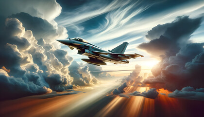 Fighter Jet Soaring Through Dramatic Sky at Sunset
