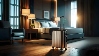 Travel Suitcase in a Cozy Hotel Room Interior
