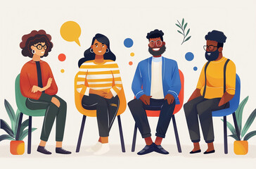 Diverse group of stylized people sitting and engaging in a conversation, with speech bubble, colorful attire, and abstract elements on a neutral background.