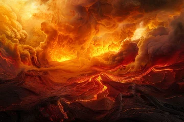 Tableaux ronds sur aluminium brossé Orange volcanic landscape With smoke and molten lava floating amidst the fiery beauty.