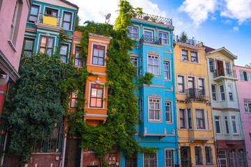 Colorful houses on the Balat are popular among tourists on a sunny day. Balat is a quarter in Istanbul's Fatih district. Istanbul, Turkey