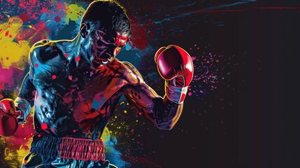 Boxing sport man boxer colorful splash horizontal banner on black background illustration