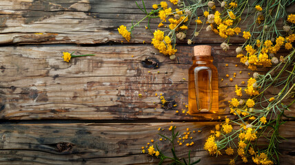 immortelle essential oil in a bottle. Selective focus.