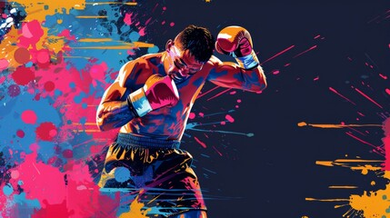 Boxing sport man boxer colorful splash horizontal banner on black background illustration