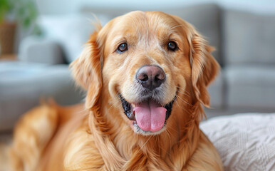 Smiling golden retriever dog lying down indoors with a soft-focus background, showcasing a happy expression and relaxed demeanor.