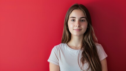 Fototapeta premium young woman looking at camera on red background