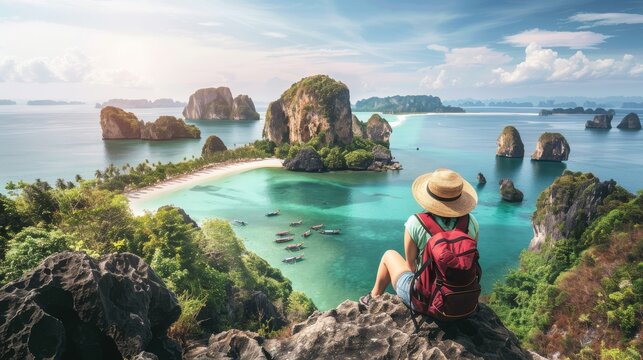 Adventurer overlooking a breathtaking seascape from a cliff, epitomizing tropical escape and serene travel moments
